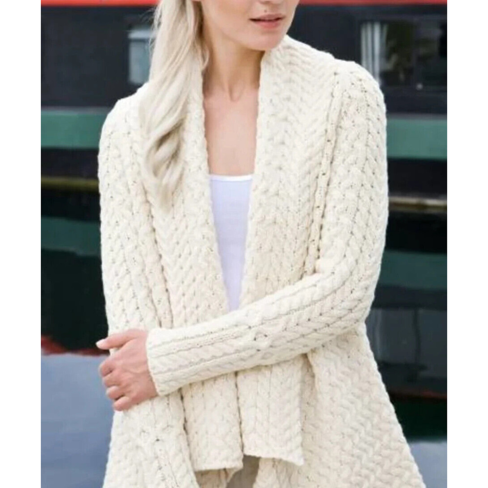 IrelandsEye Glenross Waterfall Cardigan Sweater Wool Natural Chunky Knit Medium - Picture 6 of 16